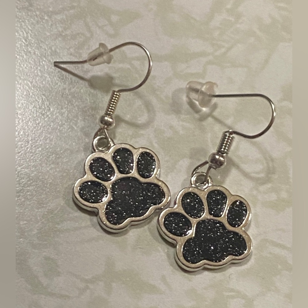 Silver Tone Paw Print Glitter Enamel Pierced Earrings #9036